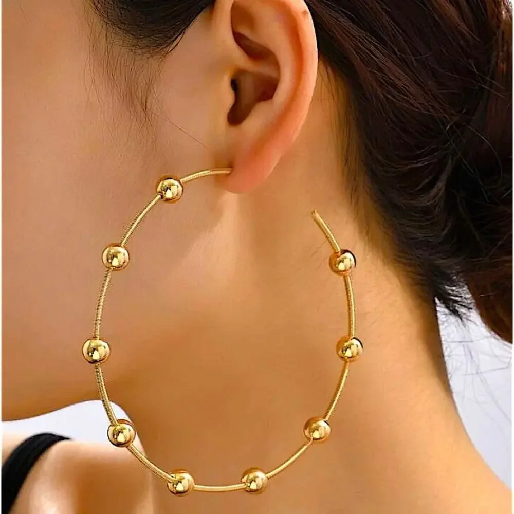 Gold Ball Beaded Hoop Earrings - Picture 2 of 4